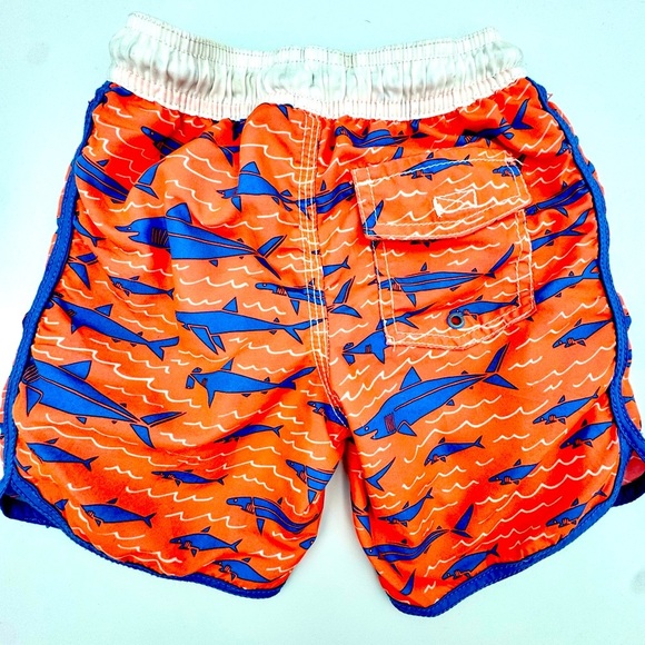 Osh Kosh GUC Sz 4T Kids Shark Print Swim Shorts, Orange, blue, white - Picture 3 of 4